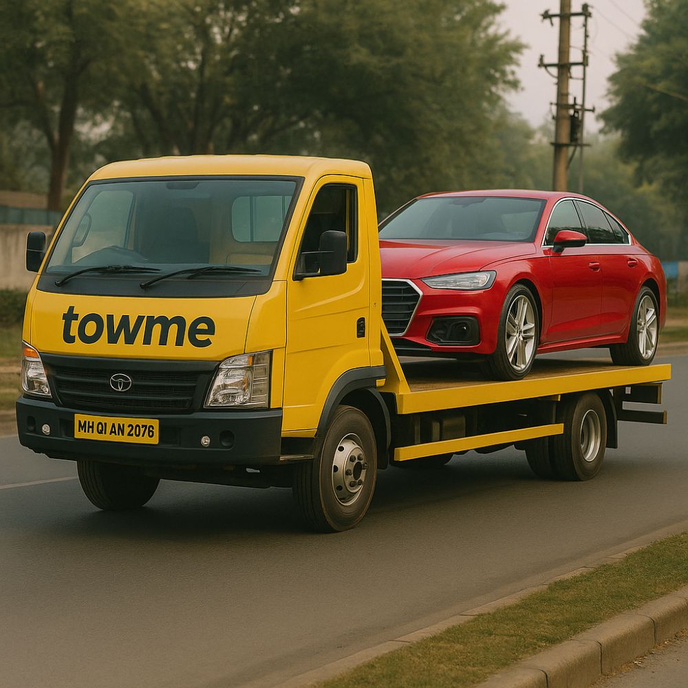 a flatbed tow truck carrying a luxury car to home delivery